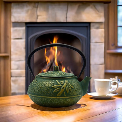 900ml Small Cast Iron Tea Kettle, SECHUDO Teapot Coated with Enameled Interior for Stovetop, Japanese Green Tea Pot with Stainless Steel Strainer for Loose Leaf, Pine,Bamboo and Plum Pattern(30.4oz)