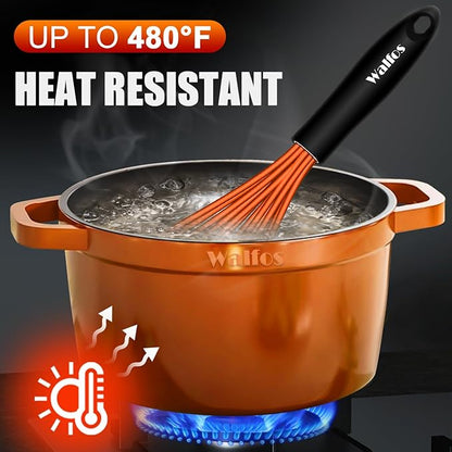 Walfos Whisk, Silicone Whisks Set of 5, Mini Stainless Steel Whisk 7+5in and Non Scratch Coated 7+9+11in Whisks, Suitable for Blending, Whisking, Beating, Frothing & Stirring. (Orange)