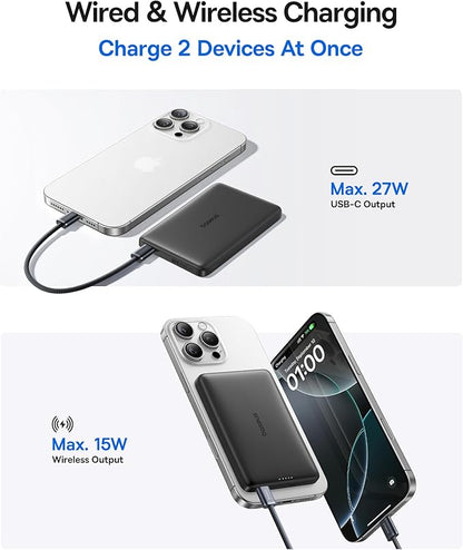Baseus Picogo Magsafe Portable Charger, Qi2 Certified 0.5" Ultra Slim 15W Wireless Power Bank, 10000mAh 27W Fast Charging Magnetic Battery Pack with USB-C for iPhone 17/16/15/14/13/12 Series Only