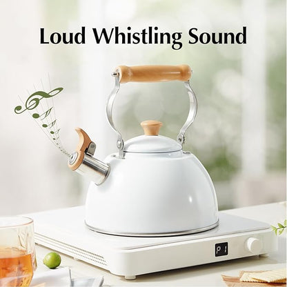 ROCKURWOK Tea Kettle, Tea Pot with Cool Touch Ergonomic Handle, Teapot Food Grade Stainless Steel, Tea Kettle Stovetop, Kettle Teapot, Whistling Tea Kettle, Tea Pot, 2.7 Quart (White)