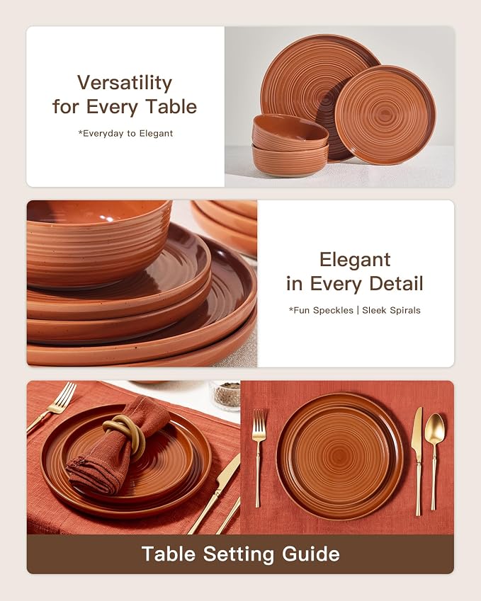 Dinnerware Set for 8, Ceramic Plates and Bowls, Terracotta | 24 pcs Speckled