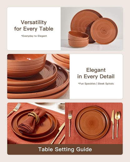 Dinnerware Set for 8, Ceramic Plates and Bowls, Terracotta | 24 pcs Speckled