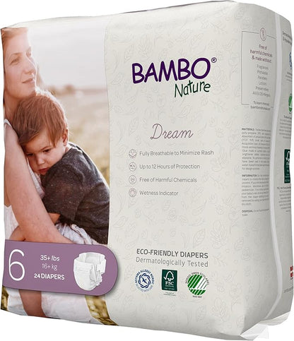 Bambo Nature Hypoallergenic Dream Baby Diapers, Premium Eco-Labeled Sustainable Diapers, Enhanced Leakage Protection, Totally Chlorine-free, Skin Friendly, and Super Absorbent - Size 6 (72 Count)