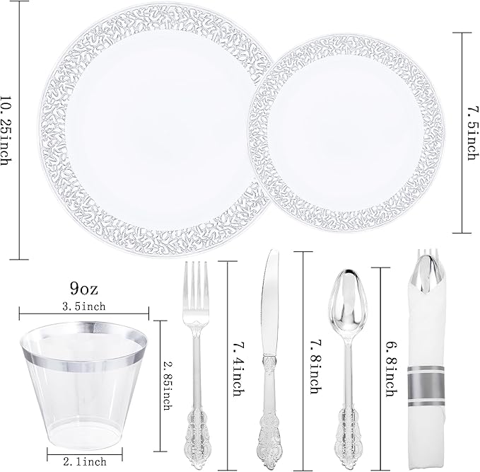 DaYammi 210PCS Silver Plastic Dinnerware Set, Silver Disposable Plates, Includes:30 Dinner Plates,30 Salad Plates,30 Cups 9 OZ and 30 Pre Rolled Napkins with Cutlery Heavy Duty for Party