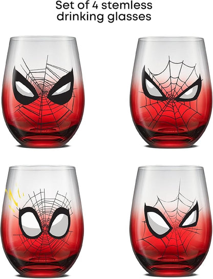 JoyJolt Marvel Spider-Man Spidey-Sense Stemless Drinking Glasses, 19oz Superhero Glass Tumblers, Set of 4 Drink Glasses, Marvel Gifts for Men and Women