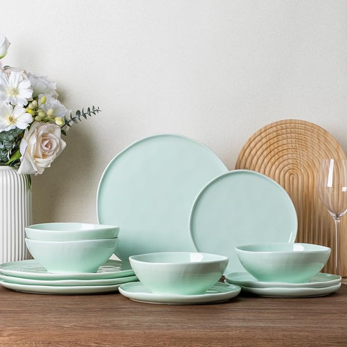 LERATIO Ceramic Dinnerware Sets for 4,Porcelain Plates and Bowls Sets with Wavy Edge,Microwave & Dishwasher & Oven Safe,Light Weight & Scratch Resistant Dishes Sets-Service for 4 (12pcs)-Light Green