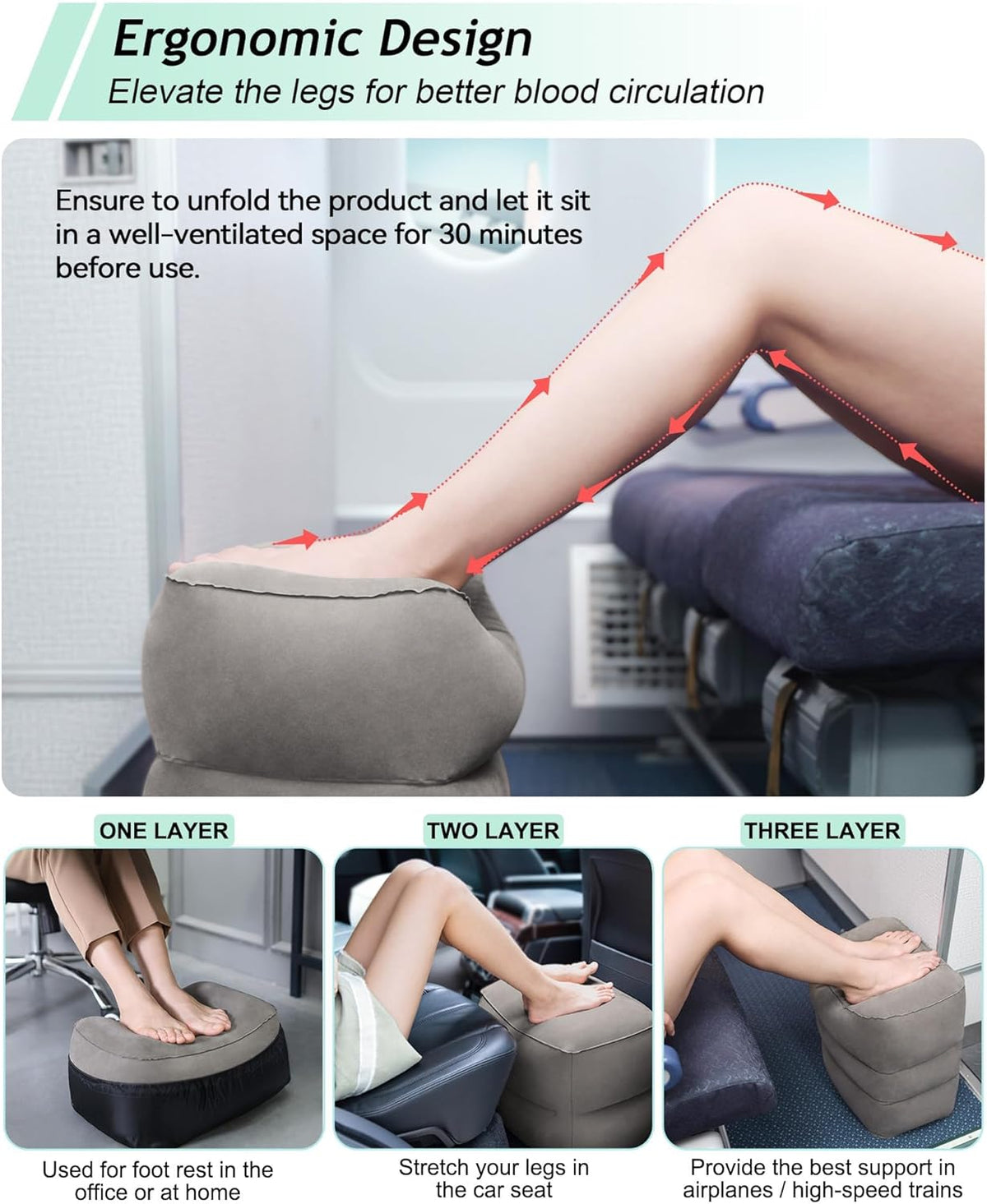 JefDiee Inflatable Foot Rest Pillow, Kids Airplane Bed, Adjustable 3 Layers Height Leg Rest Pillow, Airplane Travel Essentials Great for Office, Home, Trains, Cars