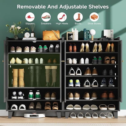 Flat-Shelf Shoe Cabinet with Doors，6-Tier Shoes Storage Cabinet with Adjustable Shelves，Wooden Shoe Rack Shoes Storage Organizer Cabinets for Entryway, Hallway, Living Room（Black）