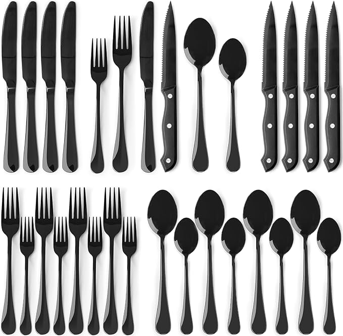 Astercook 24-Piece Black Silverware Set with Steak Knives Flatware Set for 4 Food-Grade Stainless Steel Cutlery Set Mirror Polished Utensils Set Include Spoons and Forks for Home Kitchen Restaurant
