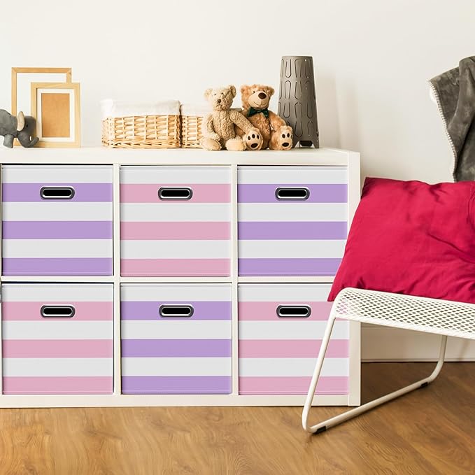 6 Pcs Fabric Storage Cubes with Metal Handle Back to School Classroom Supplies 11 Inch Macaron Colored Striped Style Collapsible Bins Organizer for School Nursery(Purple, Pink)