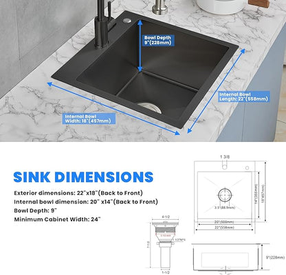 POPFLY 22x18 inch Drop In Kitchen Sink, 18 Gauge 304 Stainless Steel Top mount Single Bowl Handmade 2 Holes Bar Small Sink 9 inch Deep, Black 18" Kitchen Prep Sink