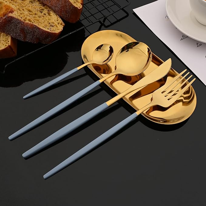 JASHII Flatware Set 24 Piece, Stainless Steel Silverware Set, Macaron Small Fresh Color Cutlery Set, Modern Elegant Tableware Set for Party, Christmas, Dinner (Haze Blue Gold)