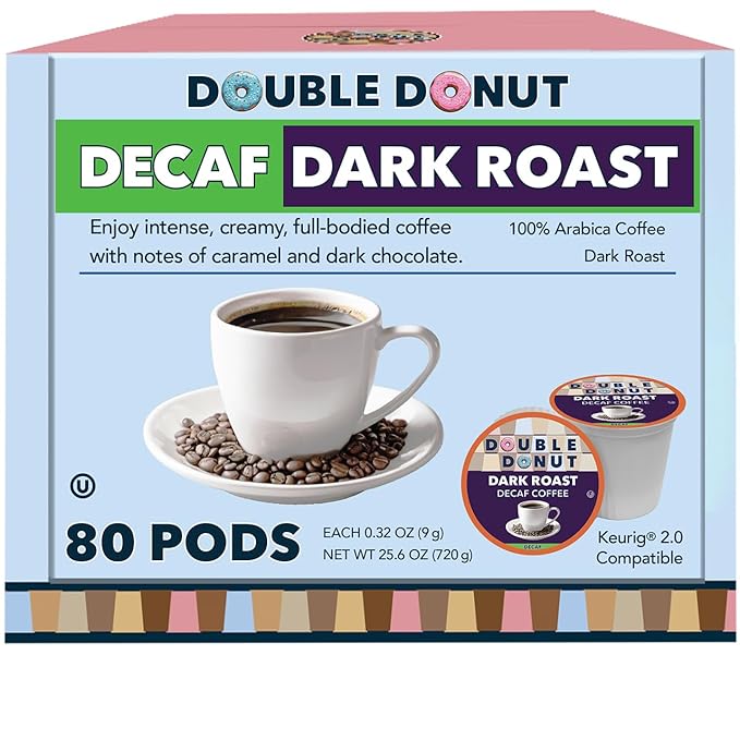 Double Donut Coffee Decaf Dark Roast Coffee Pods, Extra Bold Blend Coffee, Single Serve Coffee For Keurig K Cups Machines, Decaf Dark Roast Coffee in Recyclable Pods, 80 Count