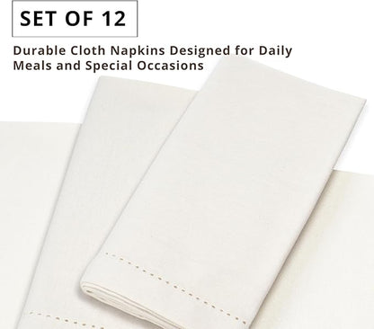 PurpleEssences Set of 12 Hemstitch Cloth Dinner Napkins 100% Cotton - Soft Durable Washable - Ideal for Wedding Christmas Holiday Winter - Perfect Everyday Use Table Linen 18x18 - Cream