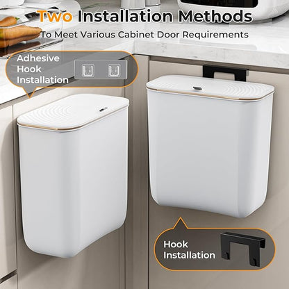 2.4 Gallon Hanging Trash Can - Small Under Sink Trash Can with Lid, Wall Mounted Compost Bin for Kitchen Cupboard Countertop, Odor-Control, Extended Clamping Ring, PET Material, White