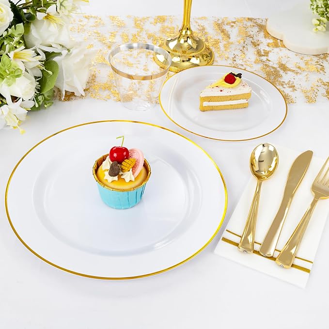 SUT 350 PCS Elegant White and Gold Disposable Dinnerware Set