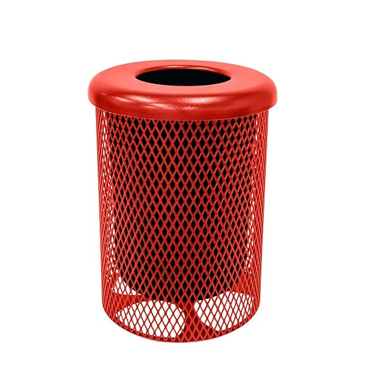 COATEDOUTDOORFURNITURE RFT-RED Heavy Duty 32 Gallon Round Trash Receptacle, Liner Included, Red with Flat Top Lid, Made in America