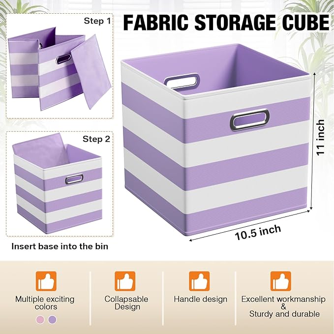 6 Pcs Fabric Storage Cubes with Metal Handle Back to School Classroom Supplies 11 Inch Macaron Colored Striped Style Collapsible Bins Organizer for School Nursery(Purple, Pink)