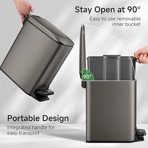 TIPGO Slim Bathroom Trash Can with Lid Soft Close, 6 Liter / 1.6 Gallon Stainless Steel Garbage Can with Removable Inner Bucket, Step Pedal, Small Trash Cans for Bedroom, Office, Kitchen (Black Gold)