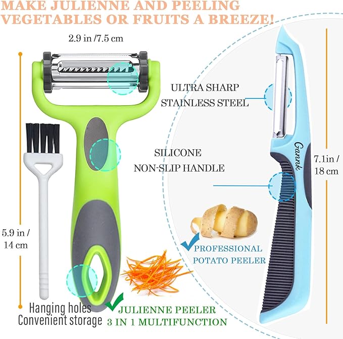 GANNK Potato Apple Vegetable Peelers for Kitchen, I and Y Peelers for Fruit Veggie Potatoes Carrot Cucumber, 3 in 1 Blade Spin Design With Julienne Function