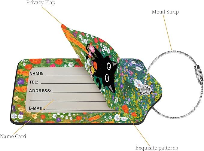 2 Pcs Luggage Tags for Suitcase, Cute Unique PU Leather Travel Bag Tag with Privacy Cover ID Label Address Card and Durable Metal Ring Suitable for Men Women Children Backpack,Black Cat On A Flower