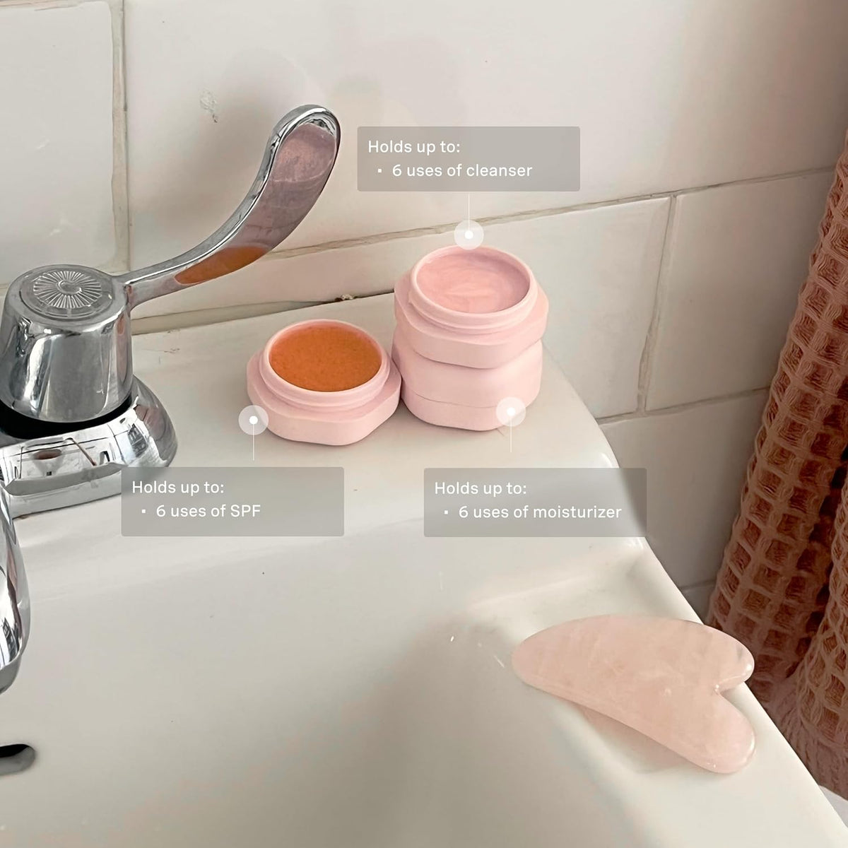 Cadence Travel Containers Basic Skincare Set - Magnetic Containers with Lids,Carry On Travel Essentials For Women/Men - 3 Small Capsules (0.56oz) - Cleanser, Moisturizer & Sun-Icon Labels - Petal