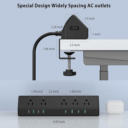 Jgstkcity Desk Clamp Power Strip,45W Fast Charging Station,4 USB-C,4 USB-A,Desk Mount Surge Protector,1875W Extension Cord with Multiple Outlets,ETL Listed,for Home Office Dorm Room