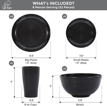 32 Pcs Wheat Straw Dinnerware Sets-Black Dinnerware Sets For 8- Unbreakable Outdoor Camping Dishes With Large Plates, Bowl And Cup Set-BPA Free,Lightweight,Microwave Safe Wheat Straw Plates And Bowls