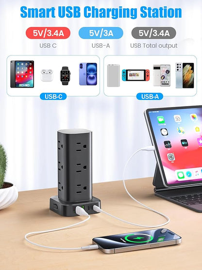 Tower Power Strip with 15W Wireless Charger, 10FT Flat Plug Extension Cord with Multiple Outlets, 12 AC Outlets, 4 USB Ports (2 USB C) Charging Station Surge Protector for Office Home Dorm Room(Black)