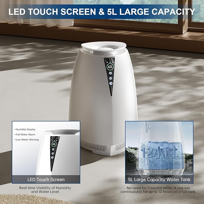 Humidifiers for Bedroom Large Room, 5L No Mist Humidifier for Baby Plants Quiet Top-Fill Air Purifiers Air Cleaner, Tap Water Use, Last 12-Hour, Remote & LED Touch Control