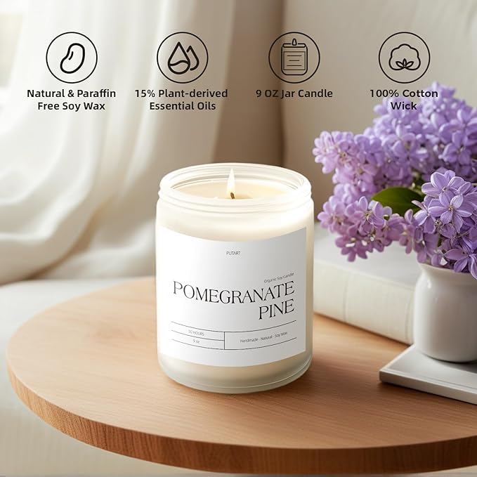 Pomegranate Pine Candles for Home Scented, 9oz Natural Soy Aromatherapy Non Toxic Candles with Essential Oil, Home Fragrance Stress Relief & Meditation Jar Candles Gifts for Women & Men