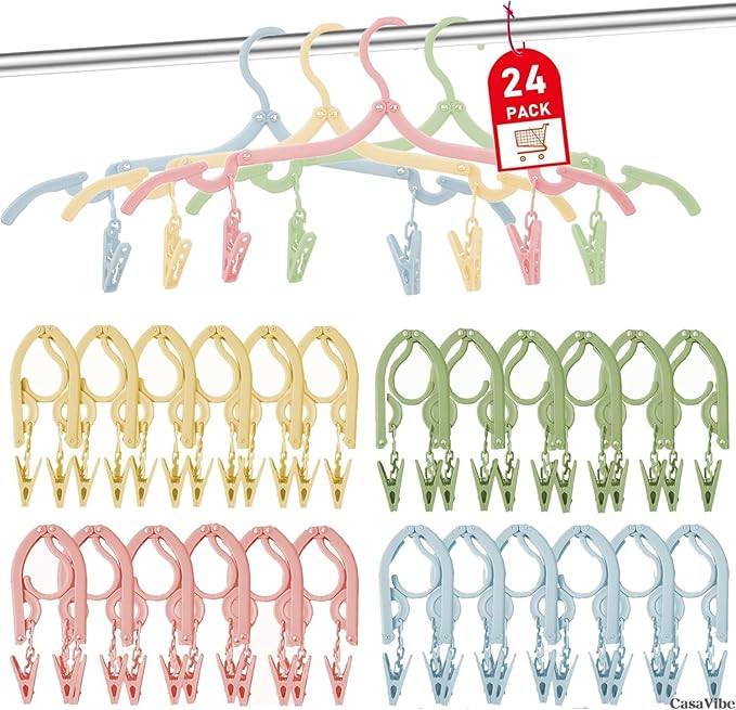 24 Pcs Travel Hangers with 48 Pcs Clips,Portable Folding Clothes Hangers Travel Clothes Hangers Travel Accessories Foldable Clothes Drying Rack for Travel Plastic Non Slip Clothing Hangers 4 Colors