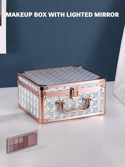 Qislee Makeup Box with A Detachable Lighted Mirror, Waterproof Travel Train Case, Cosmetic Organizer and Makeup Suitcase with Adjustable Dividers, Magnetic LED Mirror(Sparkling Blue)