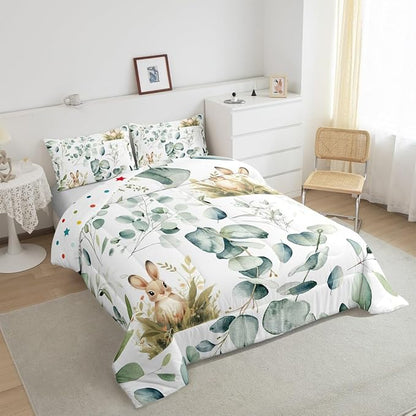 Erosebridal Girls Kawaii Animal Twin Comforter Set Cute Rabbit Bedding Set Twin, Cartoon Wildlife Bedding Comforter Sets Green Leaf Duvet Set, Spring Plant Quilted Comforter Child Kids Bedroom Decor