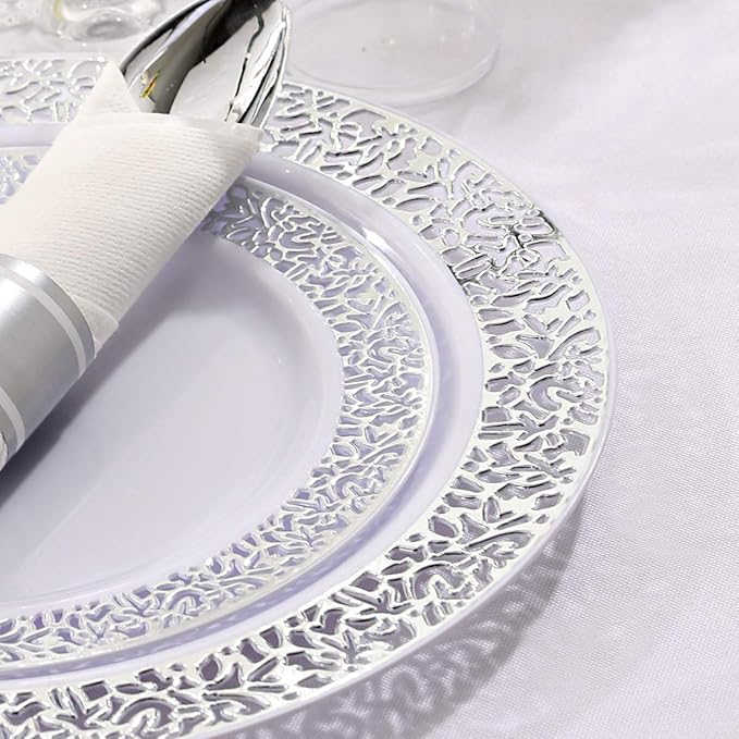 DaYammi 210PCS Silver Plastic Dinnerware Set, Silver Disposable Plates, Includes:30 Dinner Plates,30 Salad Plates,30 Cups 9 OZ and 30 Pre Rolled Napkins with Cutlery Heavy Duty for Party