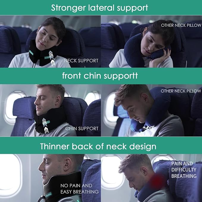 Travel Pillow, Super Neck Chin Head Support, Memory Foam, Neck Pillows for Travel Sleeping Airplane Car Office with Compact Carry Bag Black Small