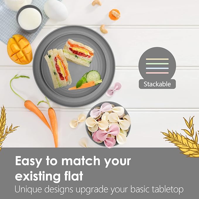 Teivio 32-Piece Kitchen Plastic Wheat Straw Dinnerware Set, Service for 8, Dinner Plates, Dessert Plate, Cereal Bowls, Cups, Unbreakable Colorful Plastic Outdoor Camping Dishes, Grey