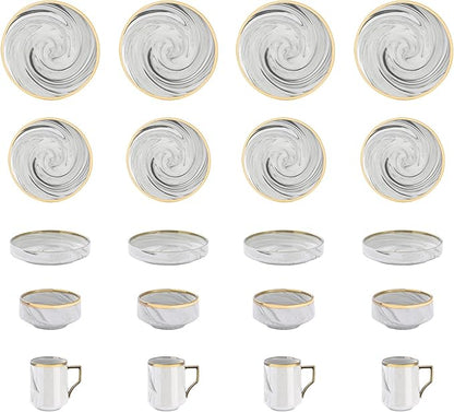 20 Piece Plates and Bowls Sets, Fine China Artisan Marbled Dinner Set for 4, Dishwasher Safe, Scratch Resistant, Grey with Gold Line