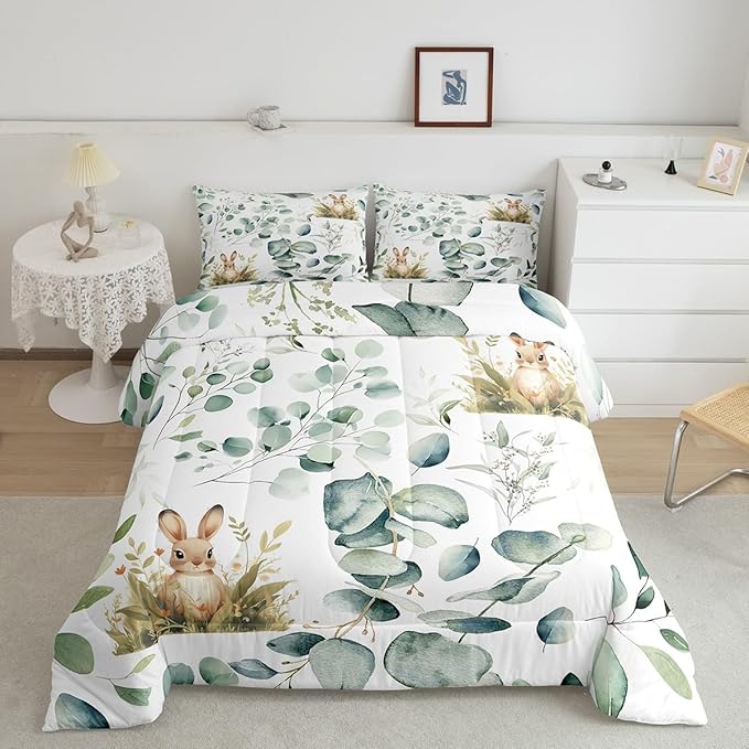 Erosebridal Girls Kawaii Animal Twin Comforter Set Cute Rabbit Bedding Set Twin, Cartoon Wildlife Bedding Comforter Sets Green Leaf Duvet Set, Spring Plant Quilted Comforter Child Kids Bedroom Decor