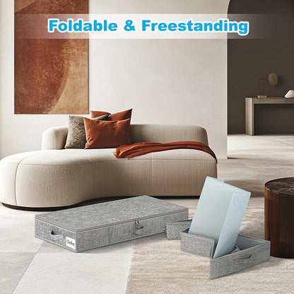 Under Bed Storage Container Bin 4 Pack, 4.5 Inch Slim Low Profile Underbed Clothes Storage Organizer for Dorm & Home, Use for Blanket and Toy Storage Box W/ Sturdy Bottom/Sides, Foldable Thick Fabric