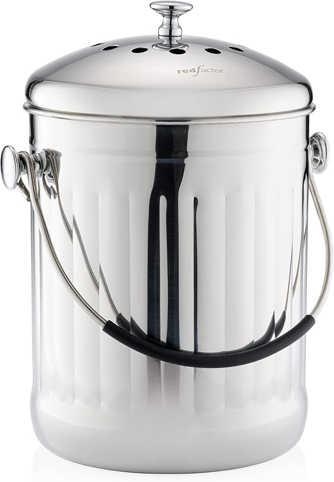 RED FACTOR Premium Compost Bin for Kitchen Countertop - Stainless Steel Food Waste Bucket with Innovative Dual Filter Technology - Includes Spare Filters (Brilliant Steel, 1.3 Gallon)