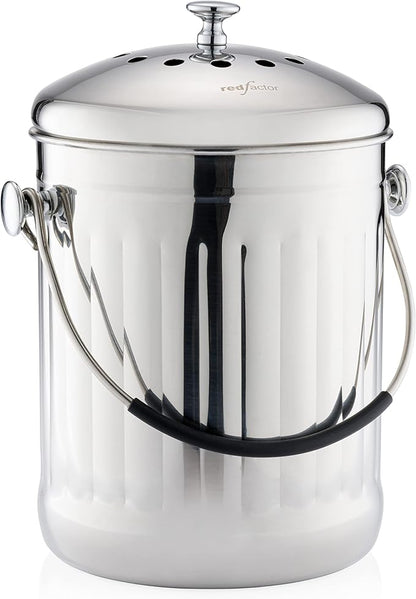 RED FACTOR Premium Compost Bin for Kitchen Countertop - Stainless Steel Food Waste Bucket with Innovative Dual Filter Technology - Includes Spare Filters (Brilliant Steel, 1.3 Gallon)