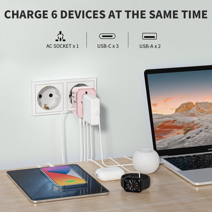 EPICKA Universal Travel Adapter, International Power Plug Adapter with 3 USB-C and 2 USB-A Ports, All-in-One Worldwide Wall Charger for USA EU UK AUS (TA-105C, Pink)