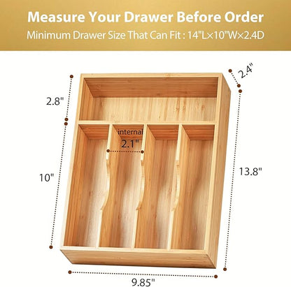 Umilife Kitchen Drawer Organizer, 10 Inch Silverware Utensil Tray Holder, Extra Deep, with Non-Slip Feet & Grooved Drawer Divider, 5 Slots Total Bamboo Wood Caddy for Flatware Cutlery Knives