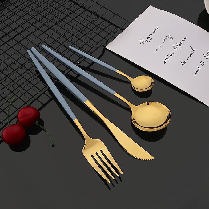 JASHII Flatware Set 24 Piece, Stainless Steel Silverware Set, Macaron Small Fresh Color Cutlery Set, Modern Elegant Tableware Set for Party, Christmas, Dinner (Haze Blue Gold)