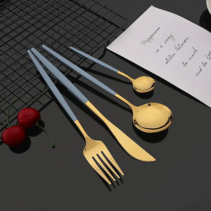 JASHII Flatware Set 24 Piece, Stainless Steel Silverware Set, Macaron Small Fresh Color Cutlery Set, Modern Elegant Tableware Set for Party, Christmas, Dinner (Haze Blue Gold)