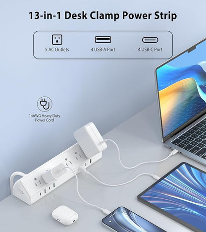 45W Fast Charging Station,Desk Clamp Power Strip,4 PD USB-C Ports,5 AC Outlets,Surge Protector Power Strip, 14AWG Heavy Duty Cord, Fits 1.9" Tabletop Edge (White, 20 FT Cable)