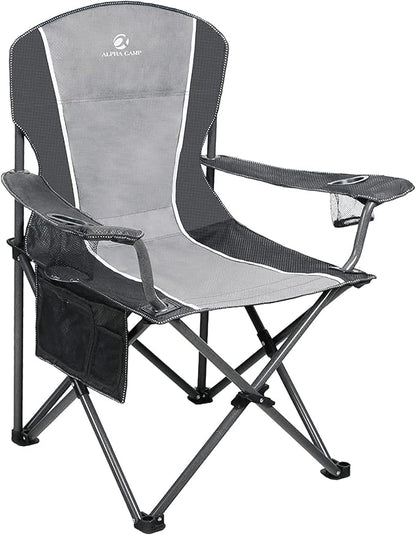 ALPHA CAMP Oversized Camping Folding Chair - Heavy Duty Steel Frame Support 350 LBS, Collapsible Padded Arm With Cup Holder, Quad Lumbar Back, Portable for Outdoor/Indoor