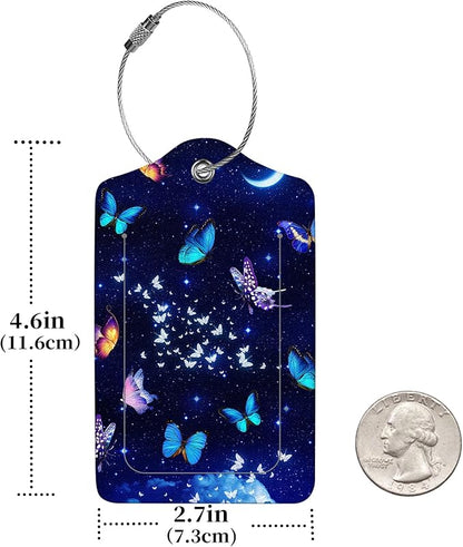 2 Pcs Luggage Tags for Suitcases, PU Leather Cruise Ship Luggage Tags with Privacy Cover Label Address Card and Durable Metal Ring Suitable for Men Women Handbags Backpacks,Starry Night Butterfly