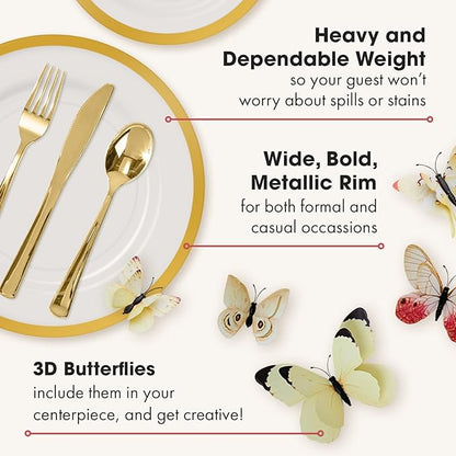 By Madee HEAVYWEIGHT Clear Plastic Plates With Gold Trim | Nice Disposable Plates and Cutlery Set | Includes Gift of Dazzling 3D butterflies for table Decor | 150mPcs for 25 Guests